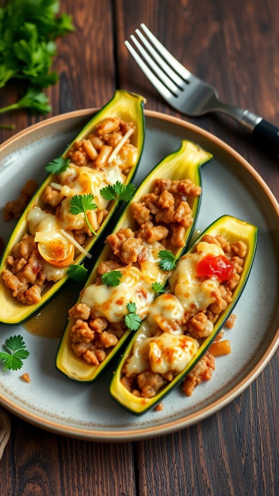 Savory Stuffed Zucchini Boats Recipe Stuffed zucchini boats filled with ground meat and rice, topped with cheese, on a rustic wooden table.
